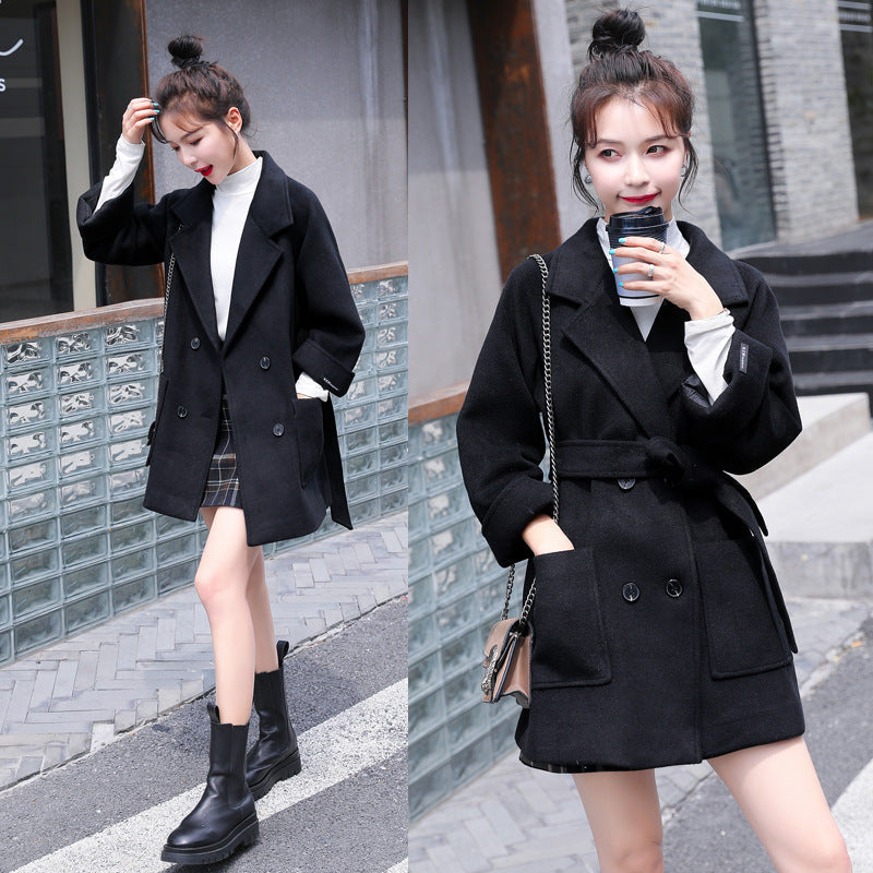 Short Woolen Coat Women Winter New Style Korean Double-Breasted Suit Collar Fashion Mid-Length Nizi Jacket