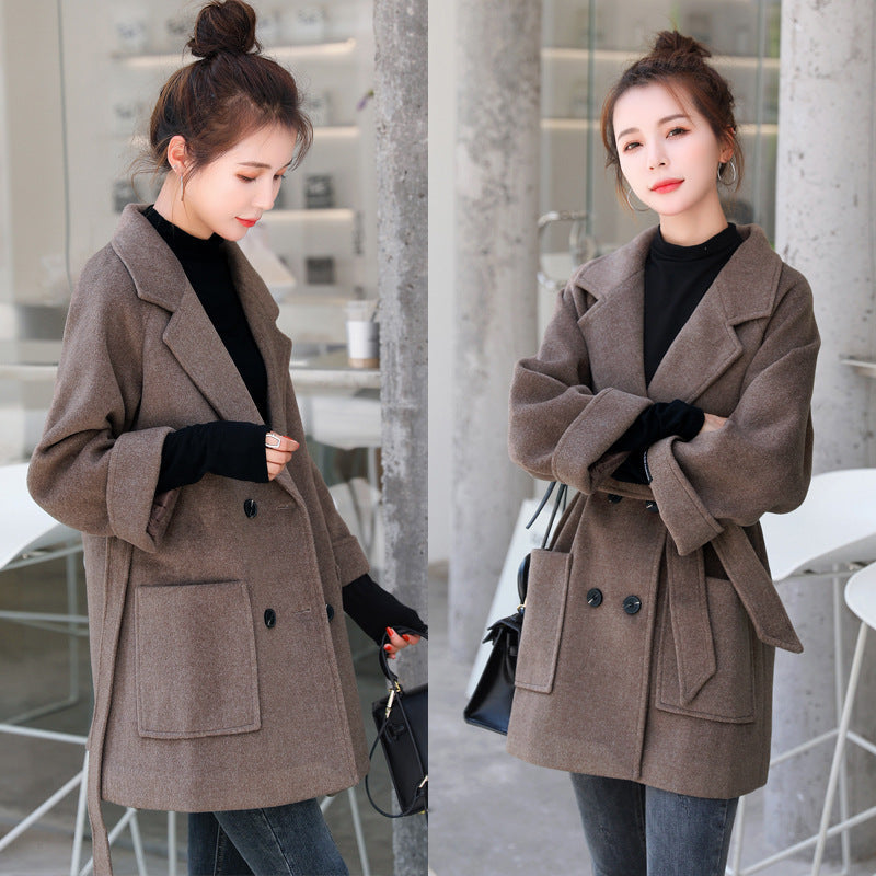 Short Woolen Coat Women Winter New Style Korean Double-Breasted Suit Collar Fashion Mid-Length Nizi Jacket