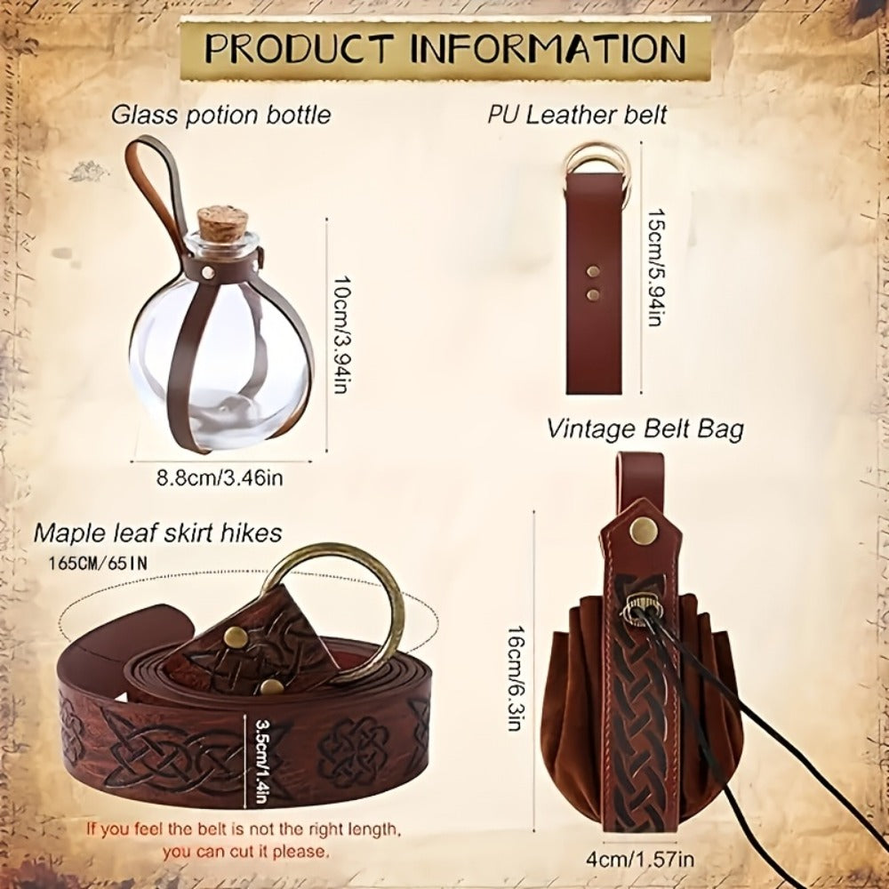 Renaissance Corset Set 5-Piece Ladies – Medieval Belt Pouch Potion Bottle Waist Protector, Women Halloween LARP Cosplay Renai