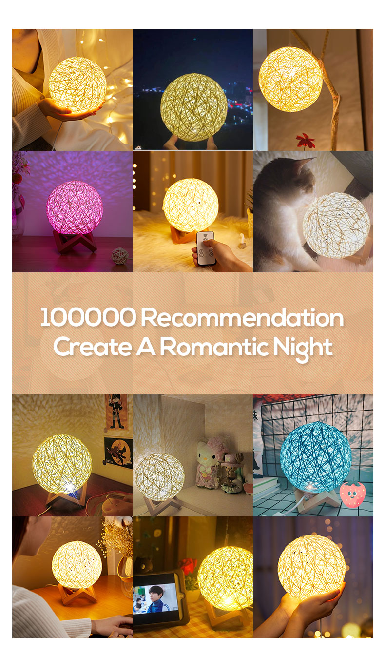 Amazon Hot Selling Creative Linen Table Lamp Novel and Unique LED Intelligent USB7 Color RGB16 Color Remote Control Rattan Ball Lamp