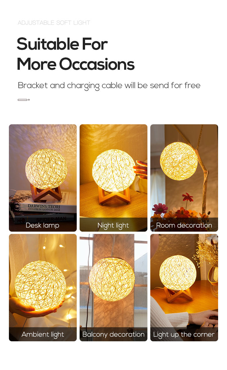 Amazon Hot Selling Creative Linen Table Lamp Novel and Unique LED Intelligent USB7 Color RGB16 Color Remote Control Rattan Ball Lamp