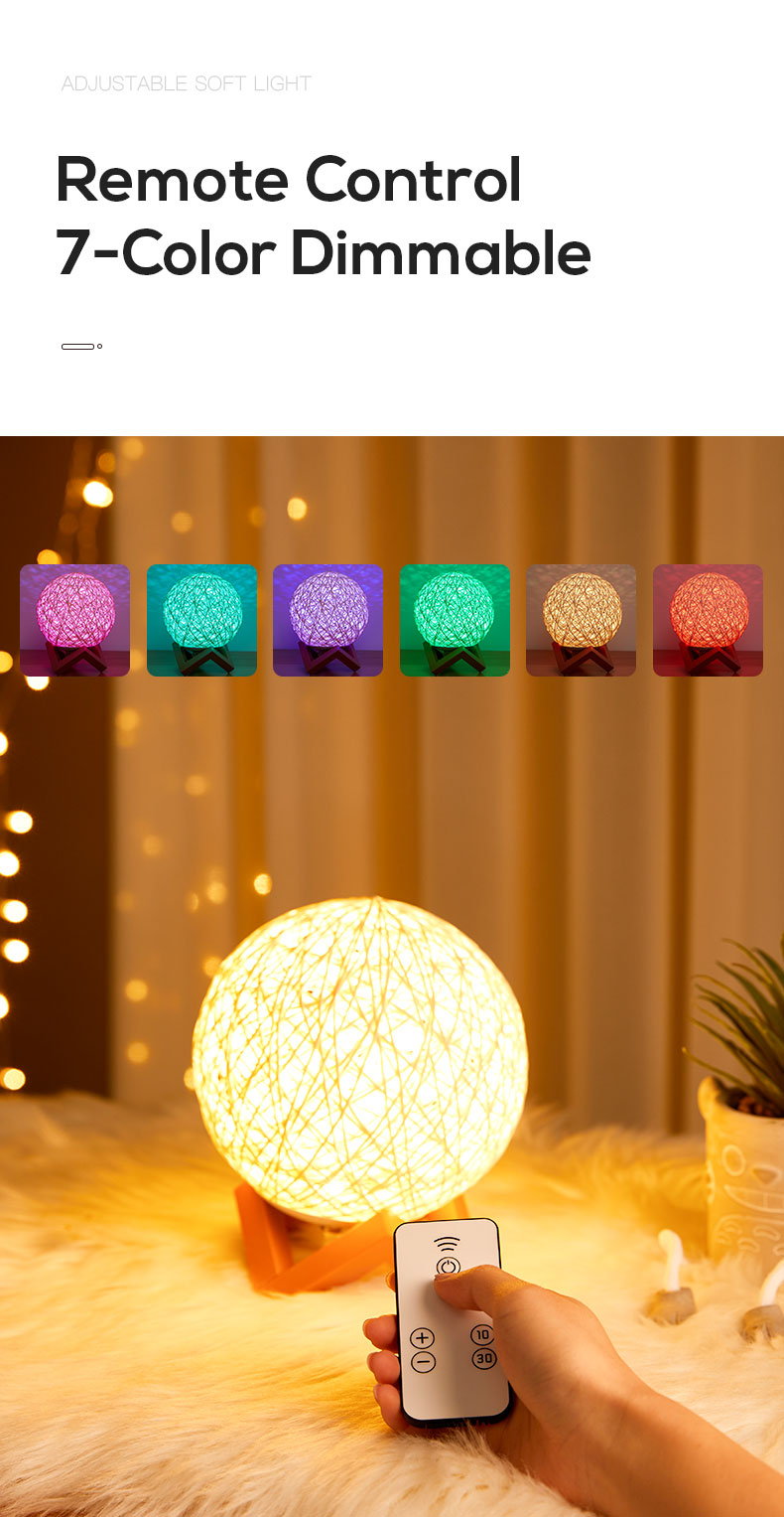 Amazon Hot Selling Creative Linen Table Lamp Novel and Unique LED Intelligent USB7 Color RGB16 Color Remote Control Rattan Ball Lamp