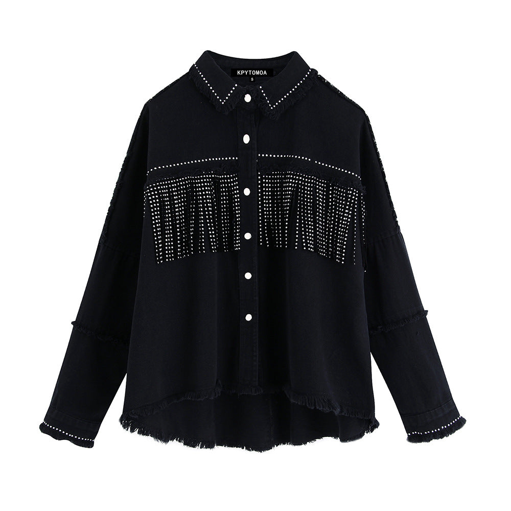 Vintage Stylish Fringe Beaded Loose Denim Jacket Coat Women