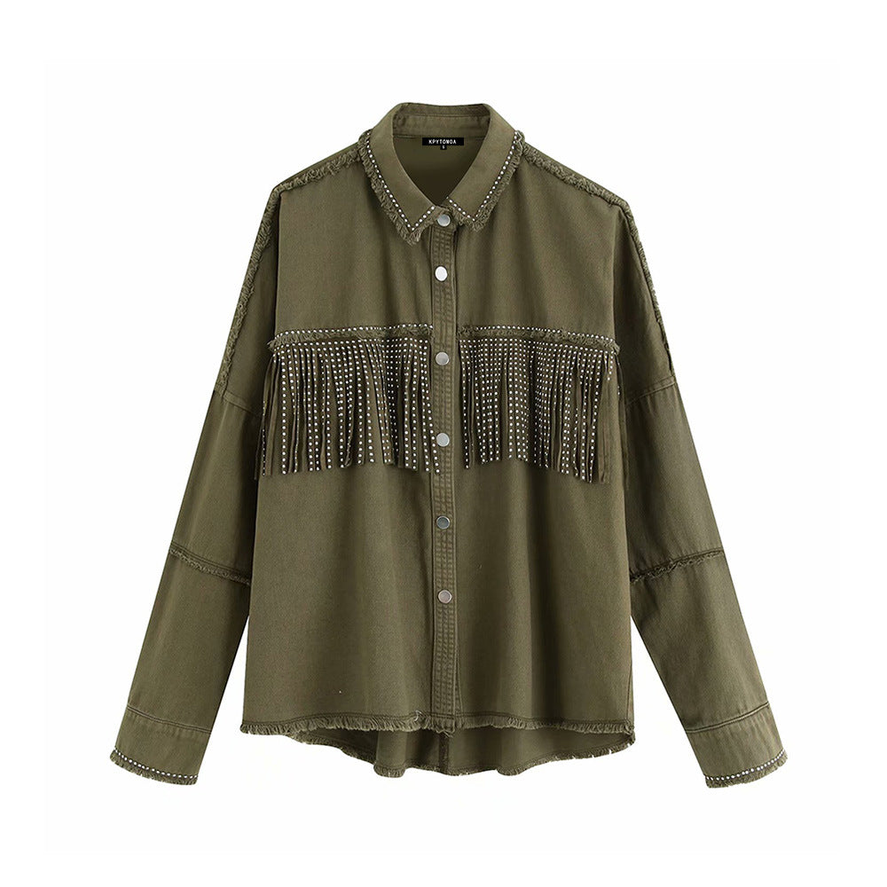 Vintage Stylish Fringe Beaded Loose Denim Jacket Coat Women