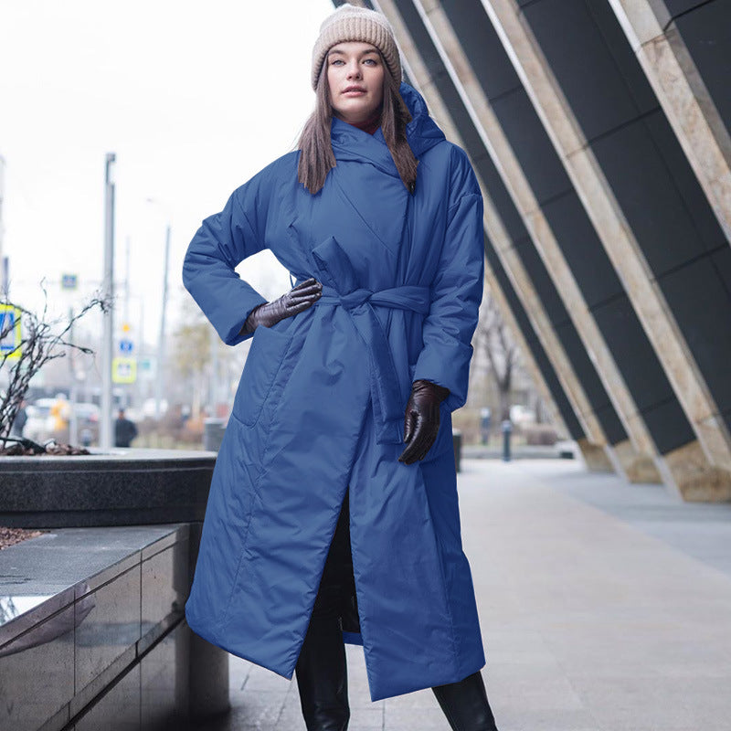 Snow Thickened Coat Hooded Belt Long Cotton Padded Jacket Women