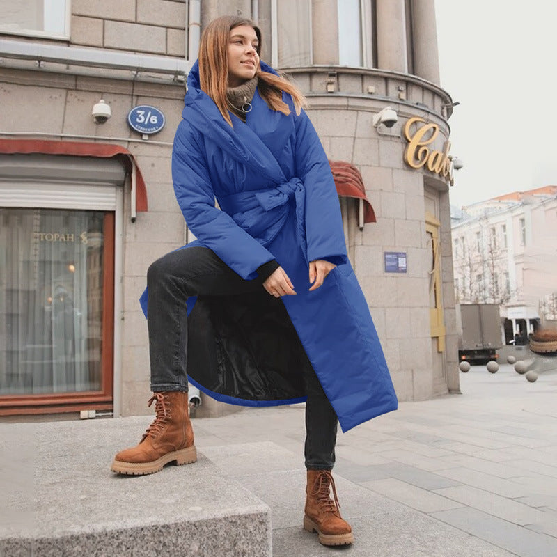 Snow Thickened Coat Hooded Belt Long Cotton Padded Jacket Women