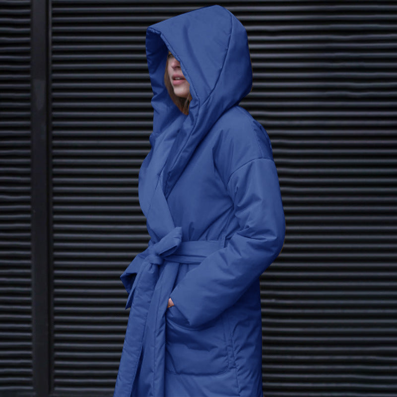 Snow Thickened Coat Hooded Belt Long Cotton Padded Jacket Women