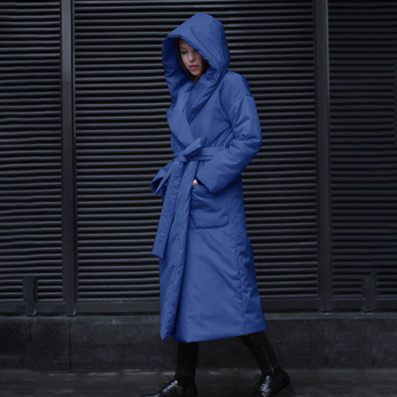 Snow Thickened Coat Hooded Belt Long Cotton Padded Jacket Women