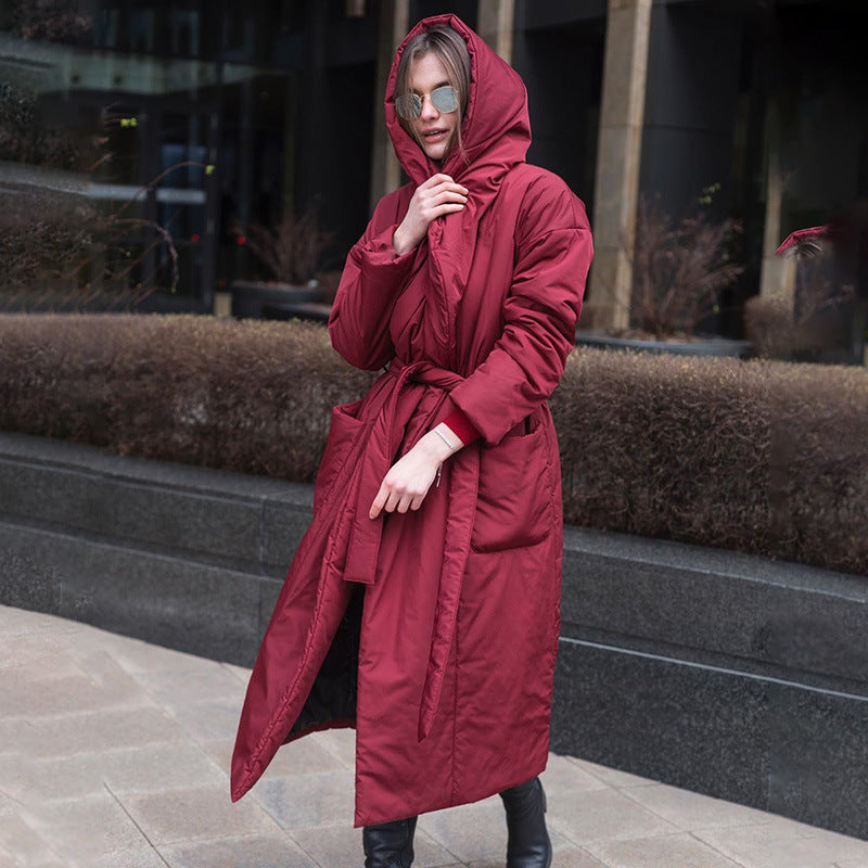 Snow Thickened Coat Hooded Belt Long Cotton Padded Jacket Women