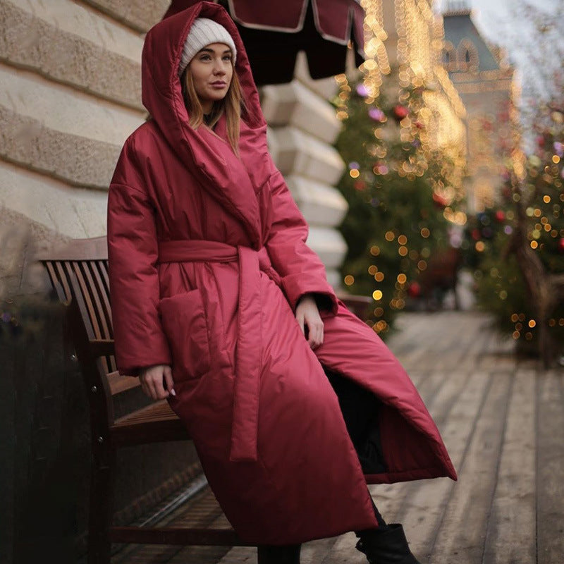 Snow Thickened Coat Hooded Belt Long Cotton Padded Jacket Women