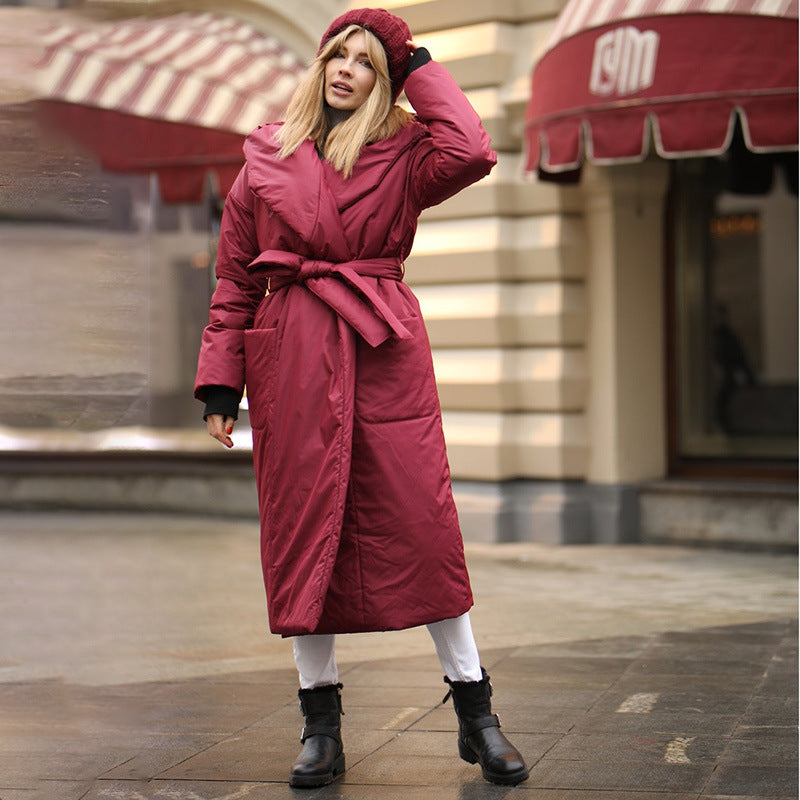 Snow Thickened Coat Hooded Belt Long Cotton Padded Jacket Women