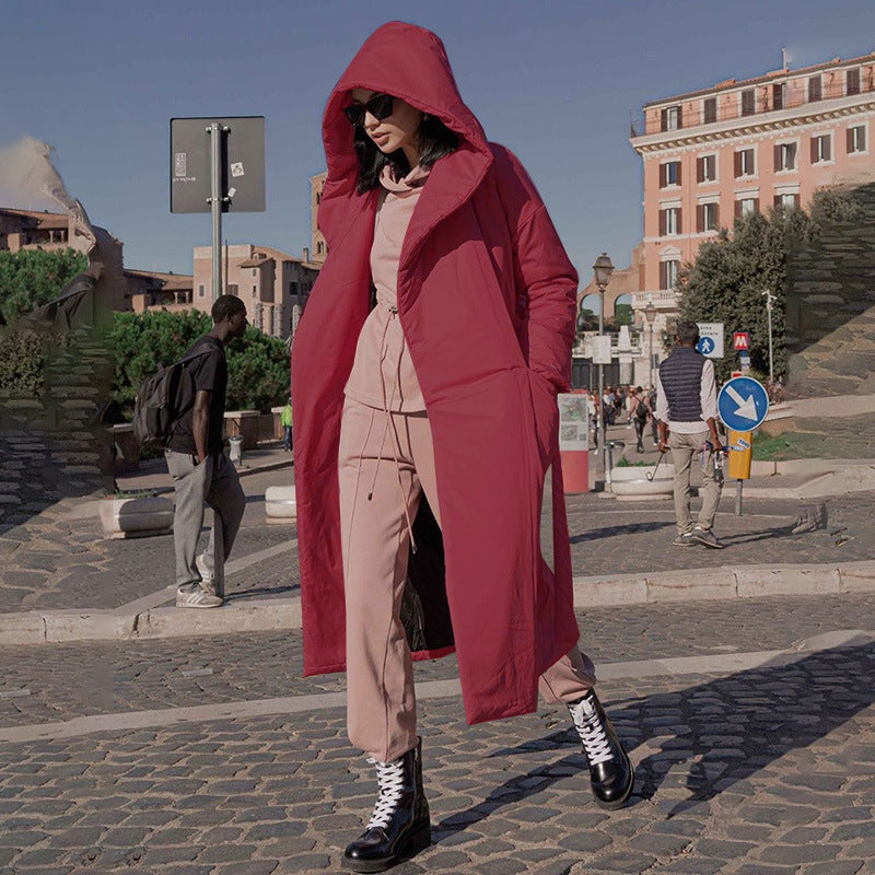 Snow Thickened Coat Hooded Belt Long Cotton Padded Jacket Women
