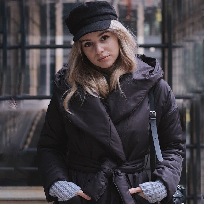 Snow Thickened Coat Hooded Belt Long Cotton Padded Jacket Women