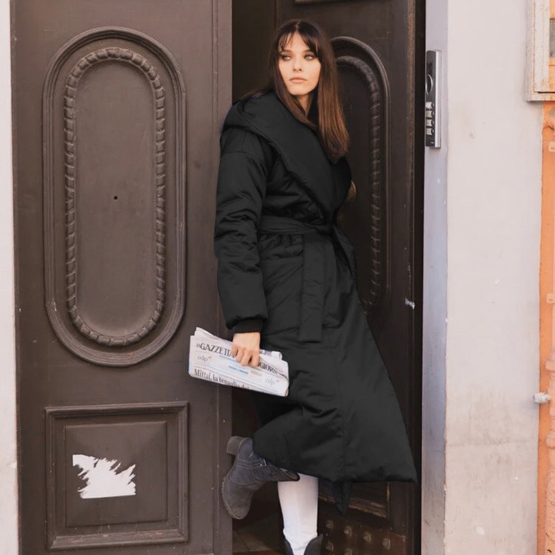 Snow Thickened Coat Hooded Belt Long Cotton Padded Jacket Women