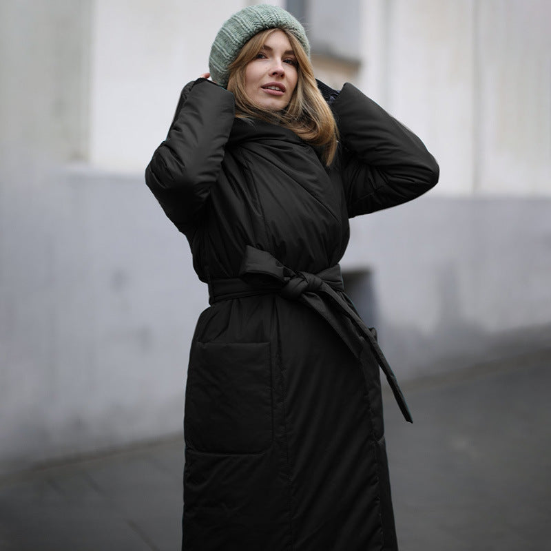 Snow Thickened Coat Hooded Belt Long Cotton Padded Jacket Women