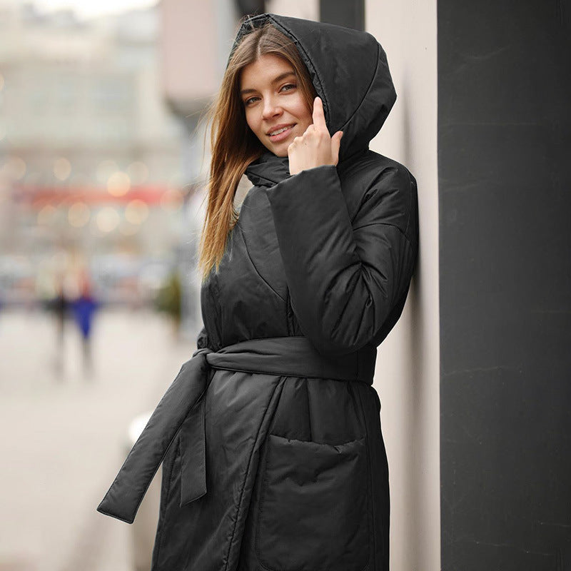 Snow Thickened Coat Hooded Belt Long Cotton Padded Jacket Women