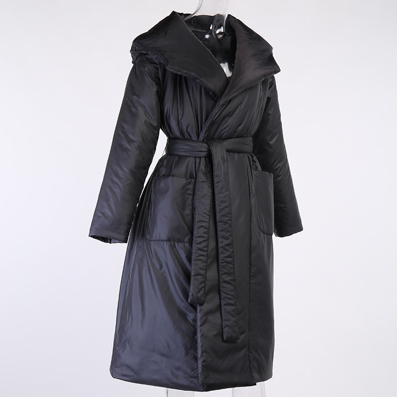 Snow Thickened Coat Hooded Belt Long Cotton Padded Jacket Women