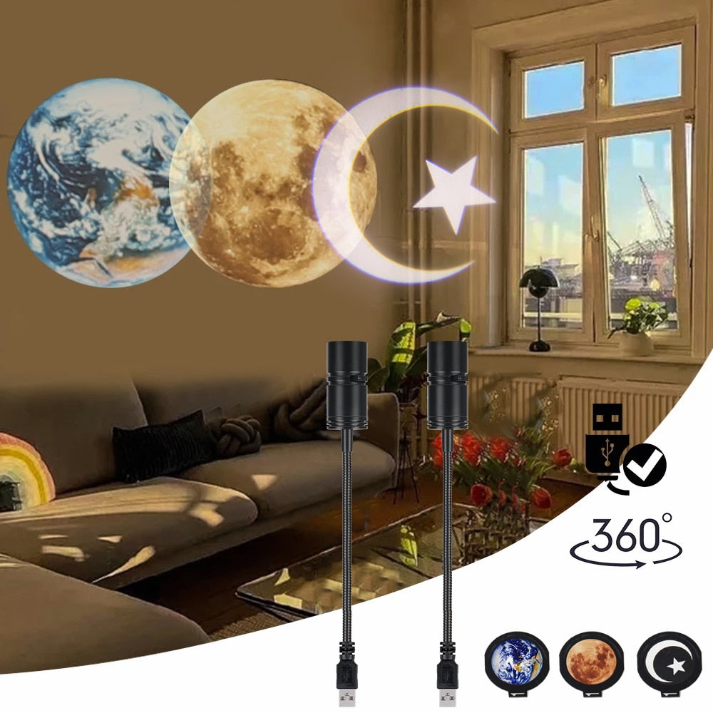 2 In 1 Star Projector Earth And Moon Projection Lamp 360 Rotating Bracket USB Led Night Light For Bedroom Decoration