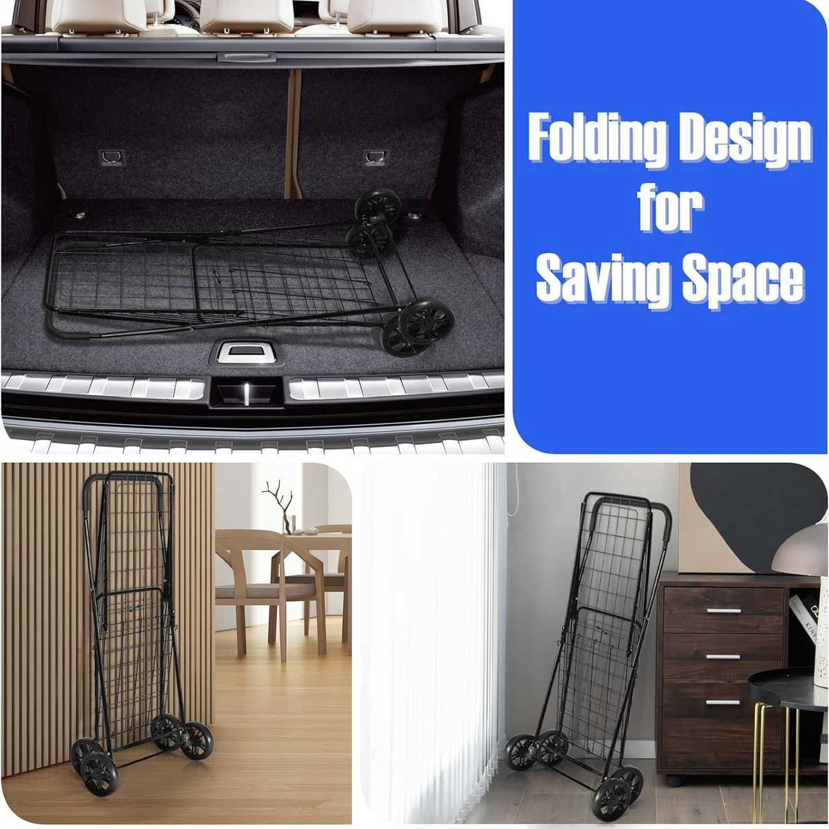 Rolling Shopping Cart Metal Basket, Foldable Grocery Utility Cart with Foam Handle Large Wheels 22 Gal for Supermarket Laundr