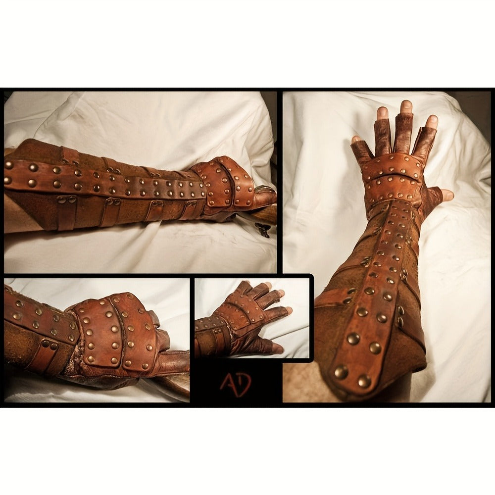 Riveted Costume Forearm Guard in Brown, Black or Coffee with Finger Loop and Buckled Strap Details — image 3