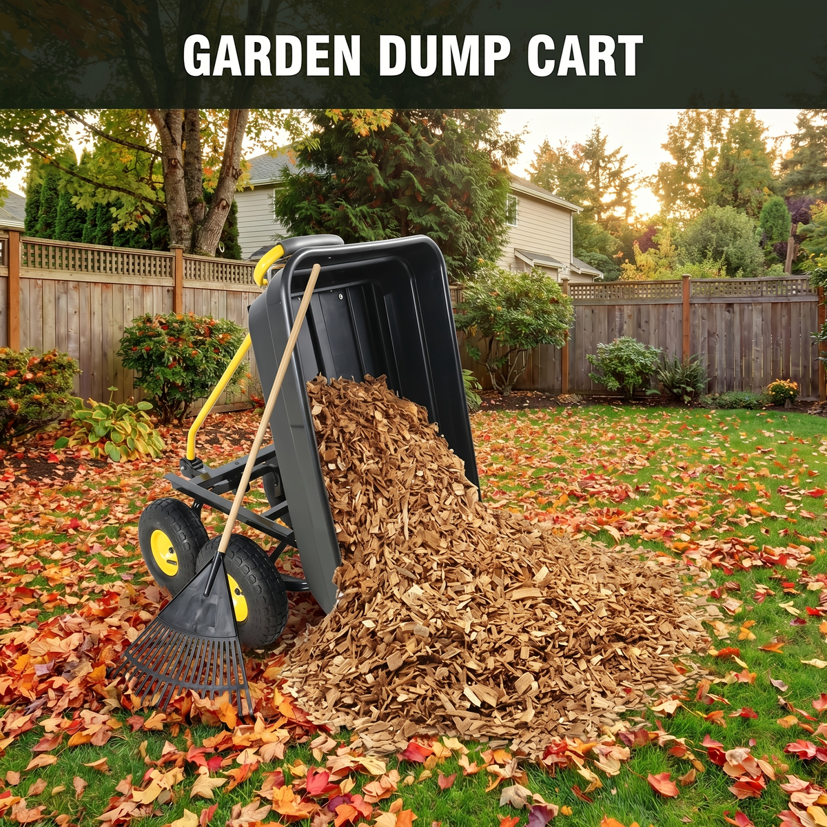 Garden Dump Cart 4-Wheel Steel Frame Poly Bed Quick-Release Dump Feature Foldable D-Handle Yard Wagon for Landscaping Lawn — 