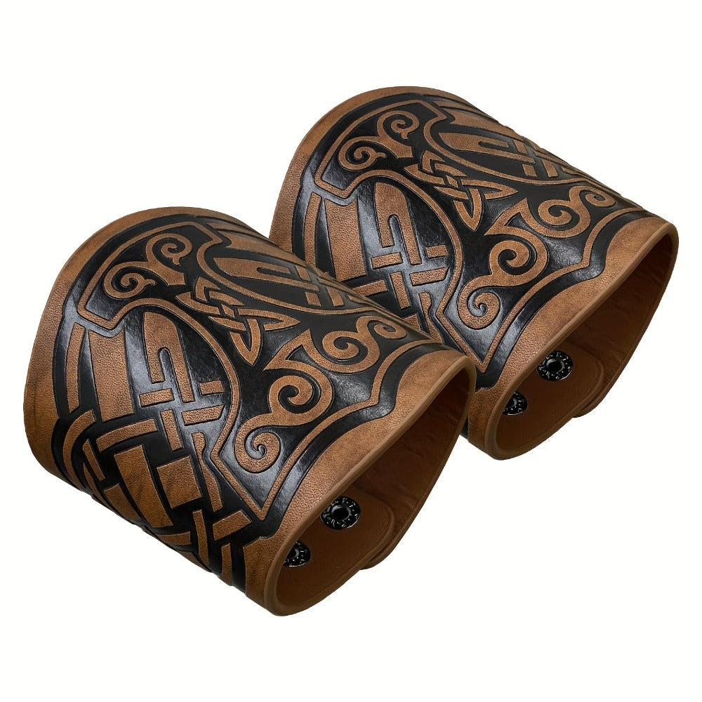 Viking Leather Cuff Bracelet Set 2pcs Norse Mythology Mjolnir Vegvisir Embossed Wristband for Men Women Halloween Gift — imag