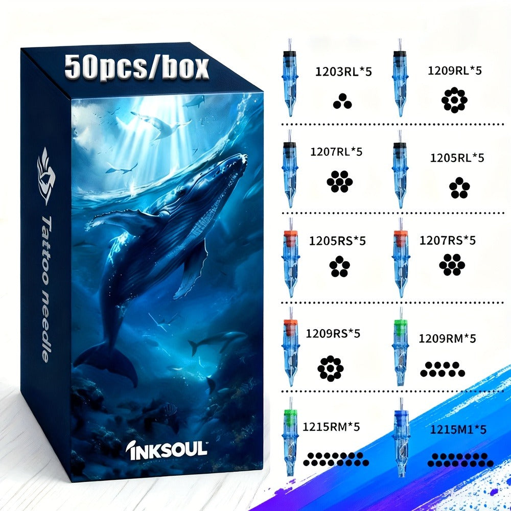 Mixed Tattoo Cartridge Needles 50pcs 10 Types Assorted - Round Liner Shader Magnum for Temporary Body Art, Festivals and Cost