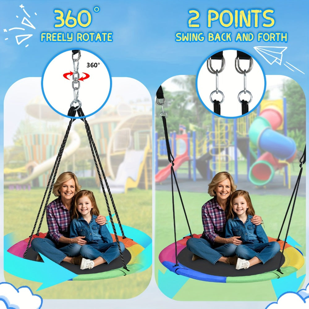 43 Inch Saucer Swing for Kids Outdoor, 360° Spinning Nest Swing with Swivel, Adjustable Ropes & Hanging Straps for Tree or Sw