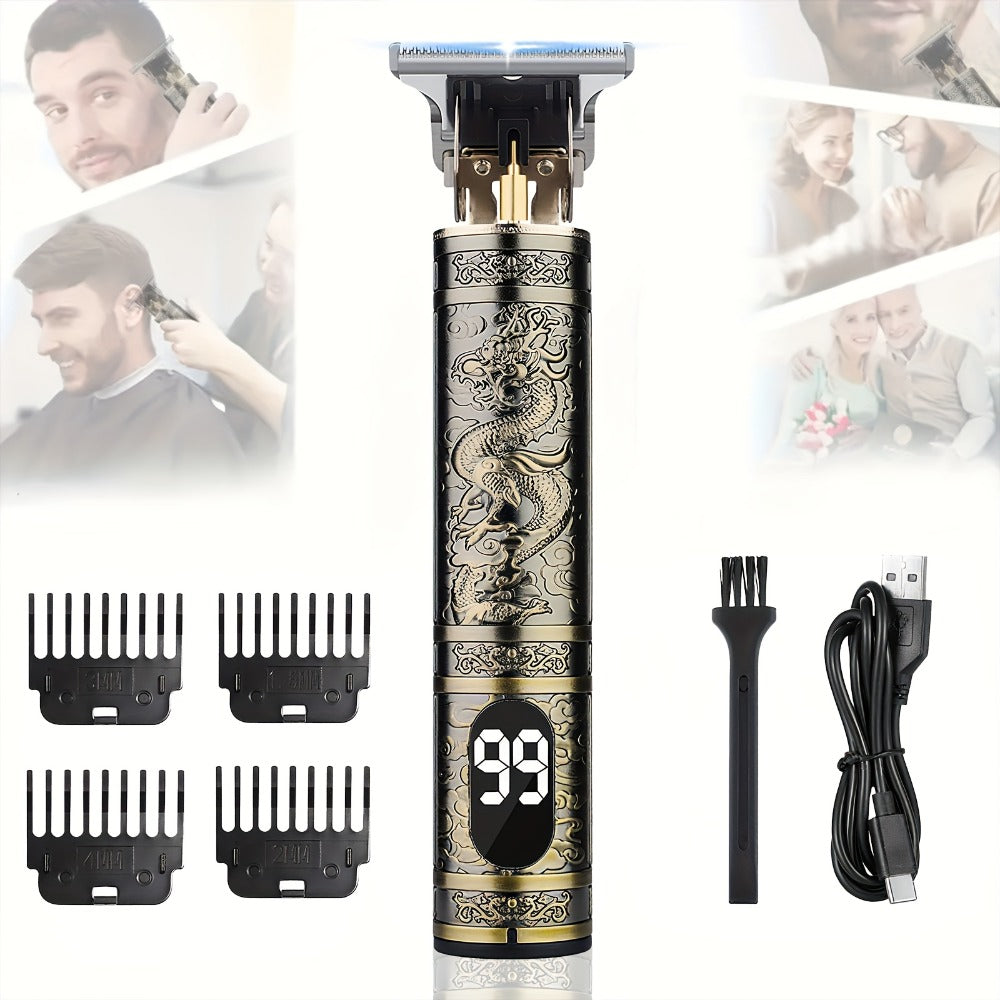 LED Hair Trimmer for Men – T-Blade USB Rechargeable 2000mAh, Vintage Dragon & Mustache Design, 4 Guide Combs, Cordless Precis