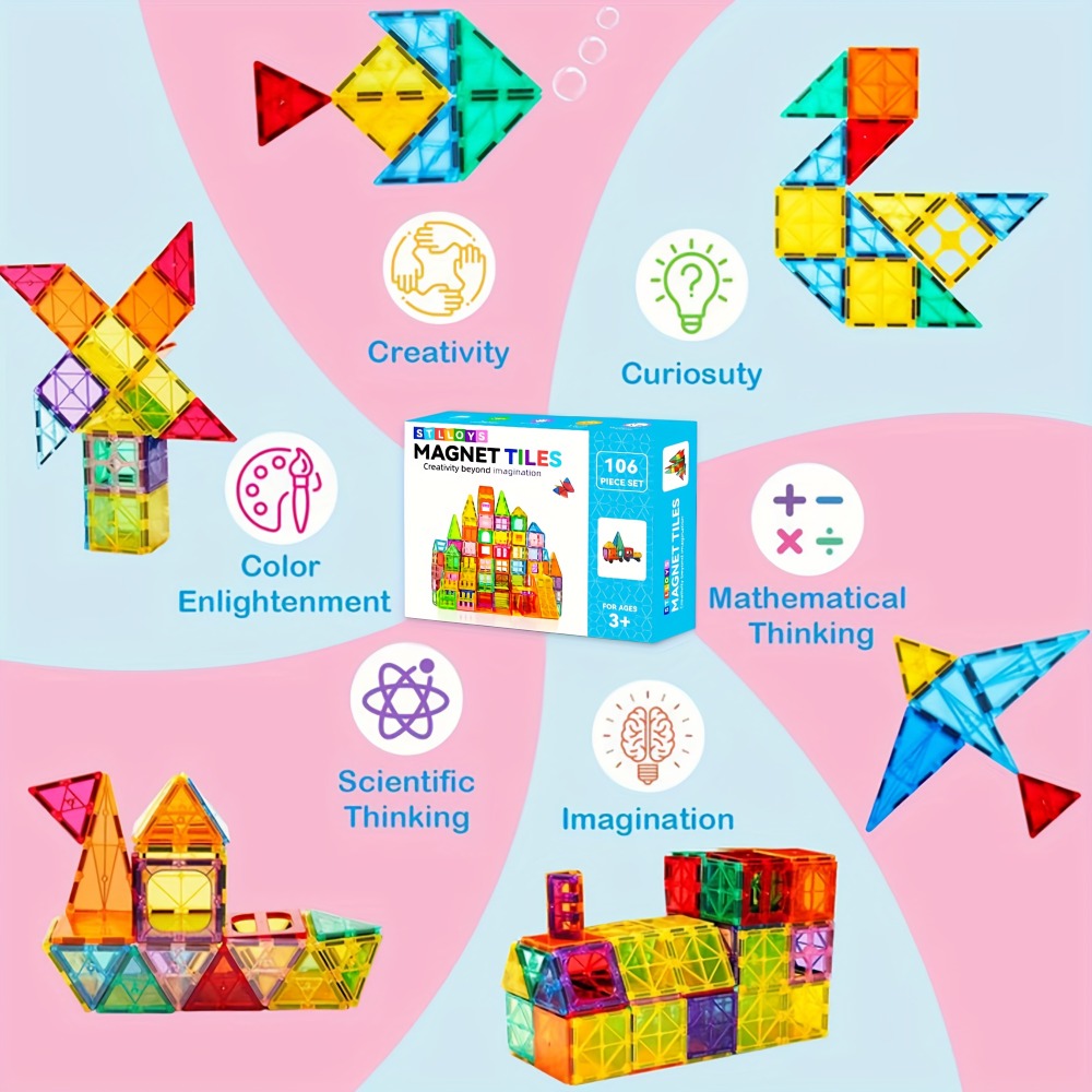 Magnetic Tiles for Kids 106/136pcs with 2 Toy Cars – STEM Approved Educational Magnet Building Blocks Set Stacking Puzzle Toy