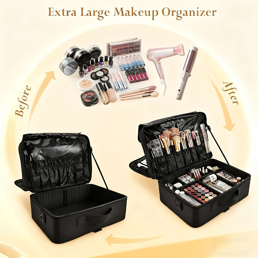 Black 15.8-Inch Soft Makeup Train Case with Three-Layer Interior, Brush Panel and Shoulder Strap — image 2