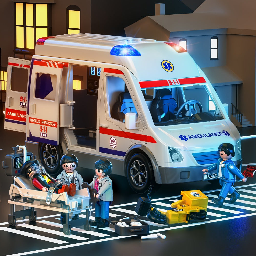 Ambulance Toy Playset for Kids Ages 3-8, Realistic Friction-Powered Emergency Vehicle with Flashing Lights & Siren Sound — im
