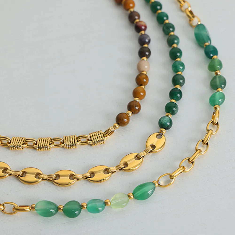 Agate bead chain design with titanium steel gold-plated necklace