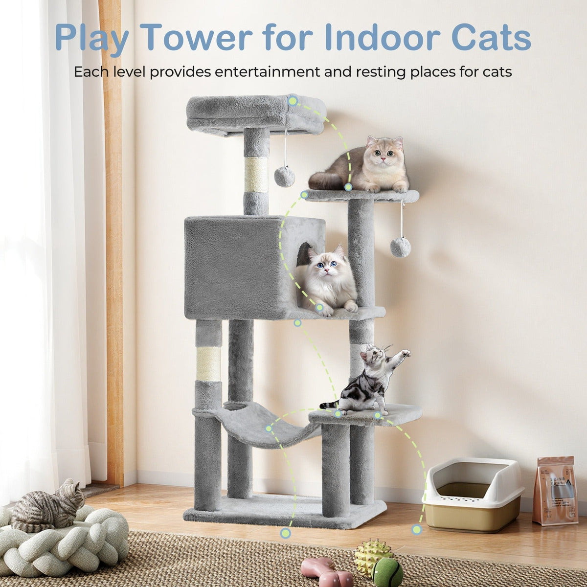 Multi-Level 44in Cat Tower with Enclosed Condo, Hammock, Round Platforms and Sisal-Wrapped Posts — image 17