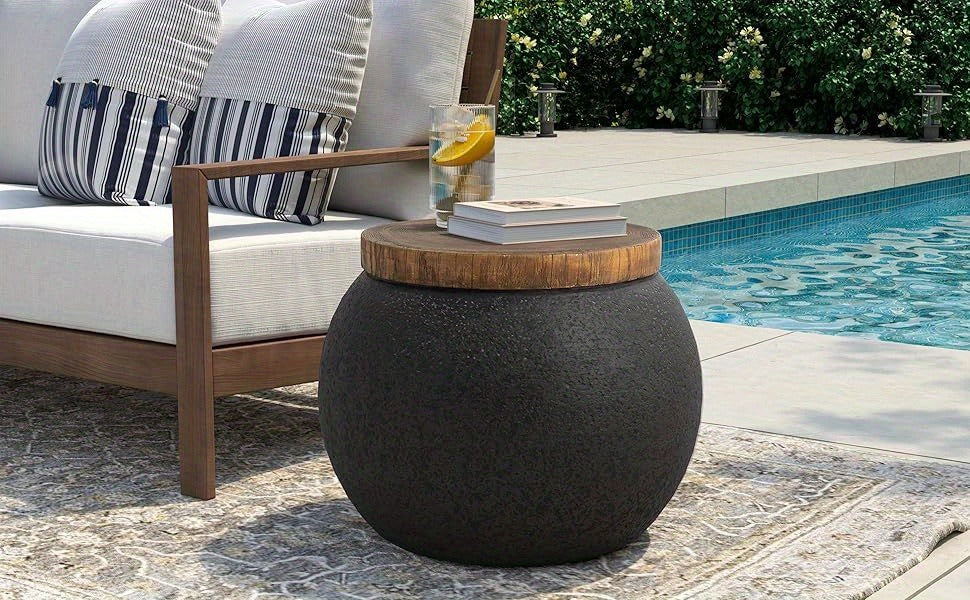Outdoor Side Table 17-Inch Concrete Design with Wood-Look Top in Black, Hourglass and Compact Options — image 16