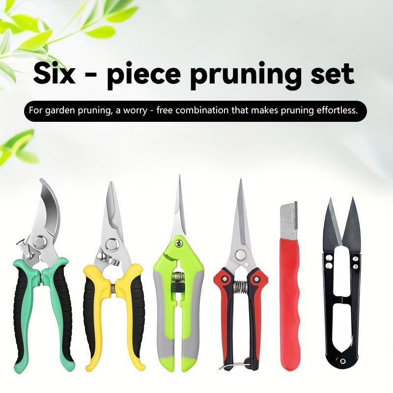Pruning Shears 6-Piece Set, Stainless Steel Garden Scissors Anti-Slip Handle, Fruit Picking Lawn Bonsai Branch Cutting Tool G