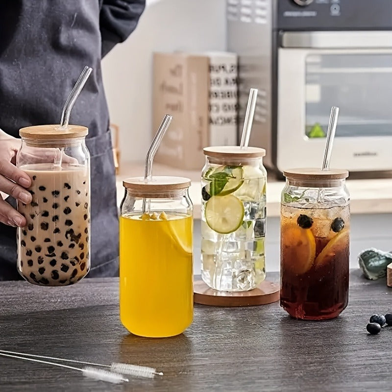 Drinking Glasses Set with Lid and Straw 550ml Oval Glass Cups 4 or 6 Piece, for Home Cooking, Dining and Outdoor Meals — imag