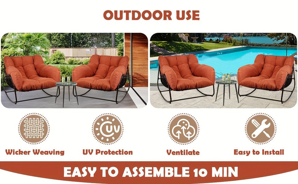Papasan Rocking Chair Outdoor Wicker Egg Chair with Cushion & Pillow, Large Patio Rocker for Garden — image 16