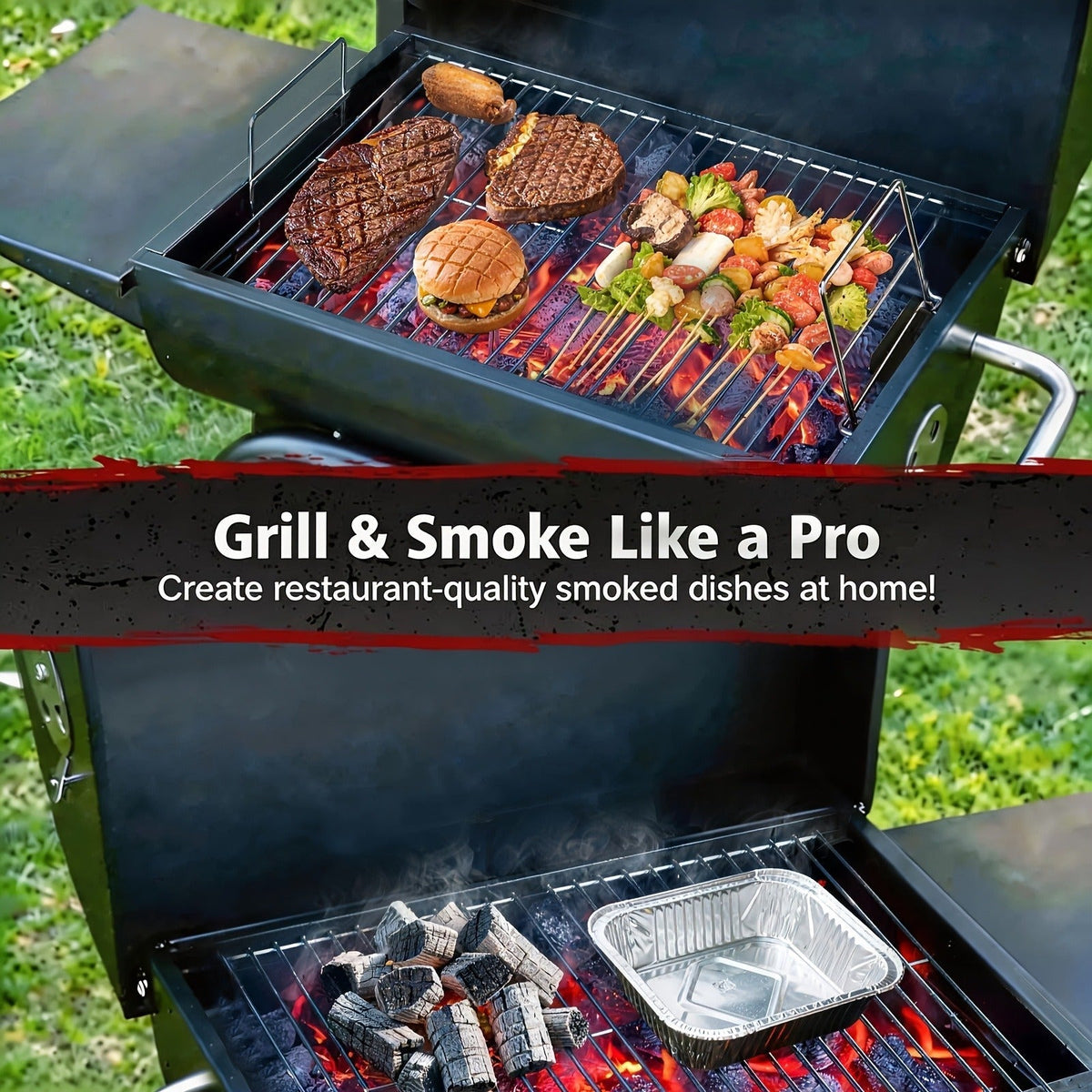 Barrel Charcoal Grill with Offset Smoker, Wheeled Cart, Side Firebox and Two Black Configuration Options — image 18