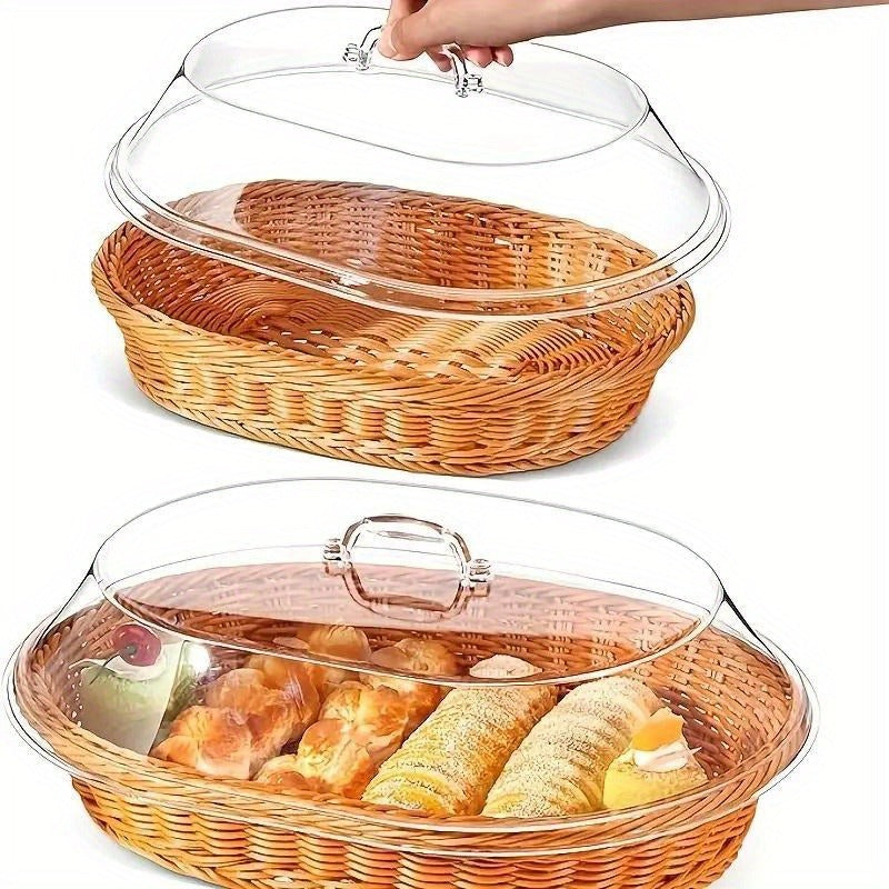 Wicker Bread Basket with Clear Acrylic Lid Rattan Storage Basket Washable Food Tray for Bread Fruit Desserts Kitchen Picnic H