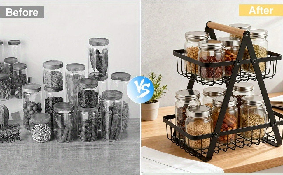 Fruit Basket Kitchen Organizer 2 or 3 Tier Metal Stand with Removable Wooden Handles for Countertop — image 18