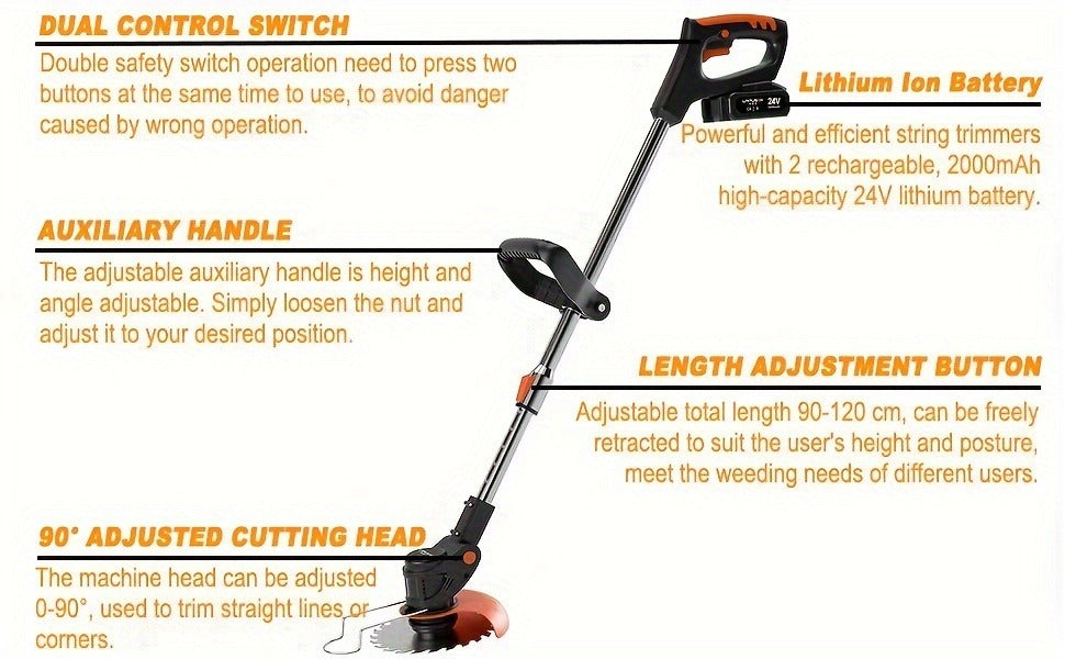 Cordless String Trimmer 24V 800W, Weed Wacker with 2 Batteries, Charger & 3 Blades, Adjustable Head — image 19