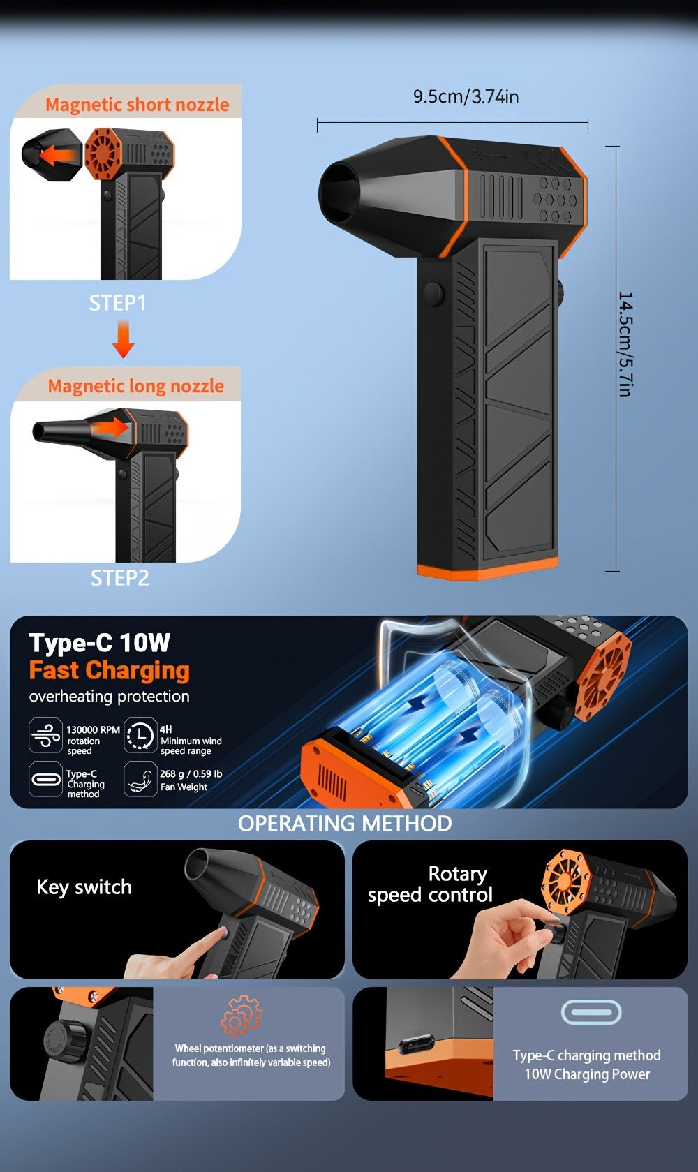 Electric Air Duster 130000RPM Rechargeable Handheld Blower, 3-Speed Wireless Turbine Fan for Computer Keyboard — image 18