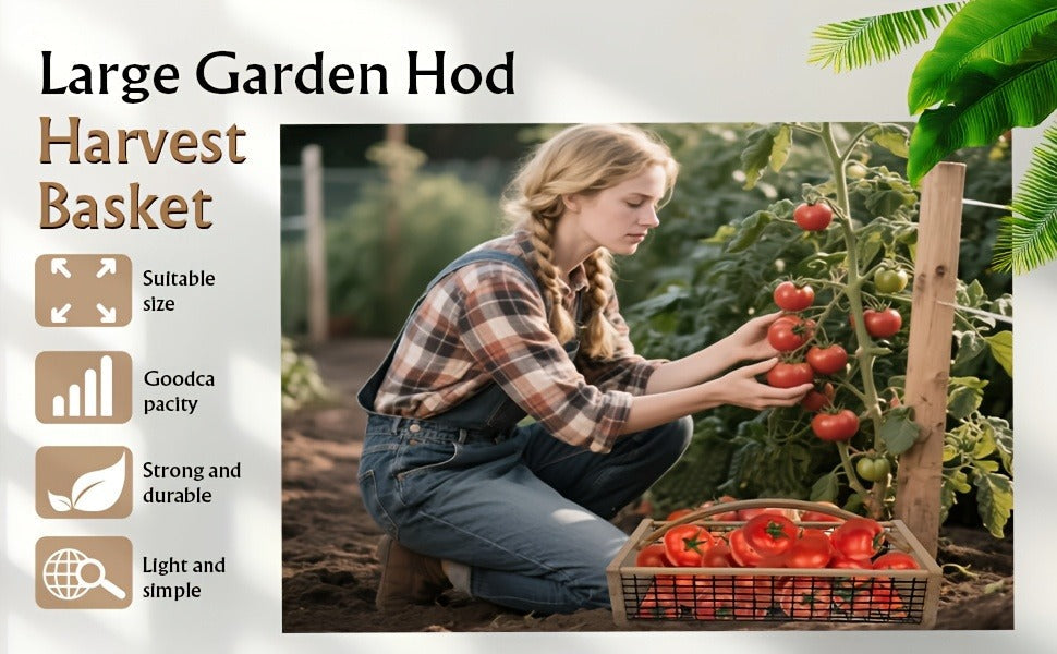 Garden Harvest Basket Metal Mesh with Wooden Handle – Rectangle Vegetable Fruit Picking Basket for Garden, Kitchen & Farmhous