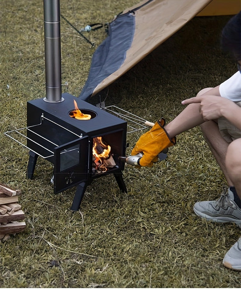 Portable Wood Stove with Chimney Pipe Set, Folding Legs, Side Shelves and Silver or Black Finish Options — image 18