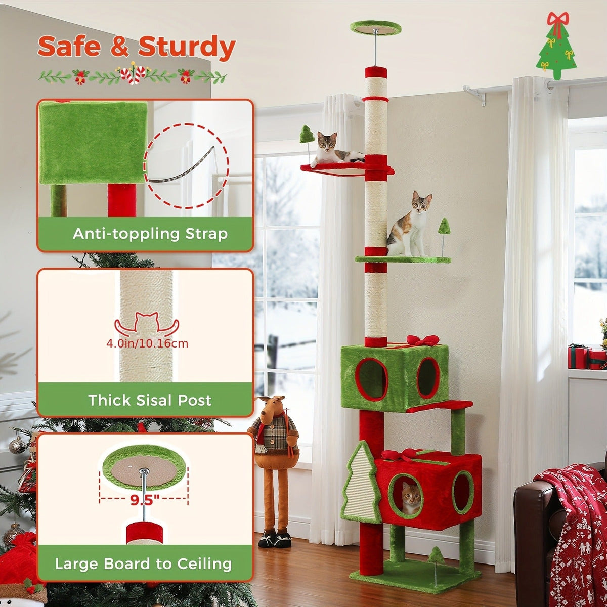 90-107.9-Inch Floor-to-Ceiling Cat Tree with Four Platforms, Tension Post and Five Style Options — image 25