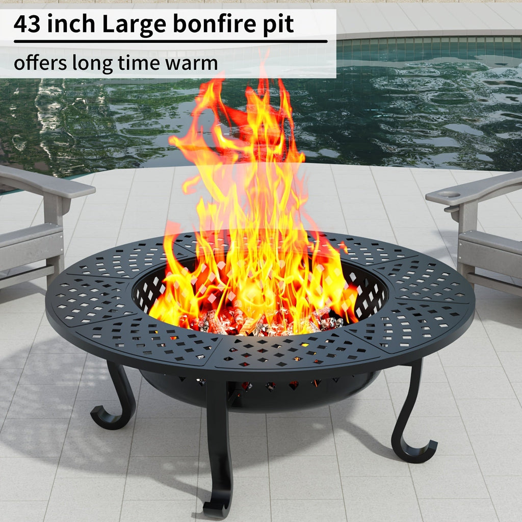 43-Inch Round Fire Pit Table with Two Cooking Grates, Center Lid, Perforated Bowl and Long Poker — image 6