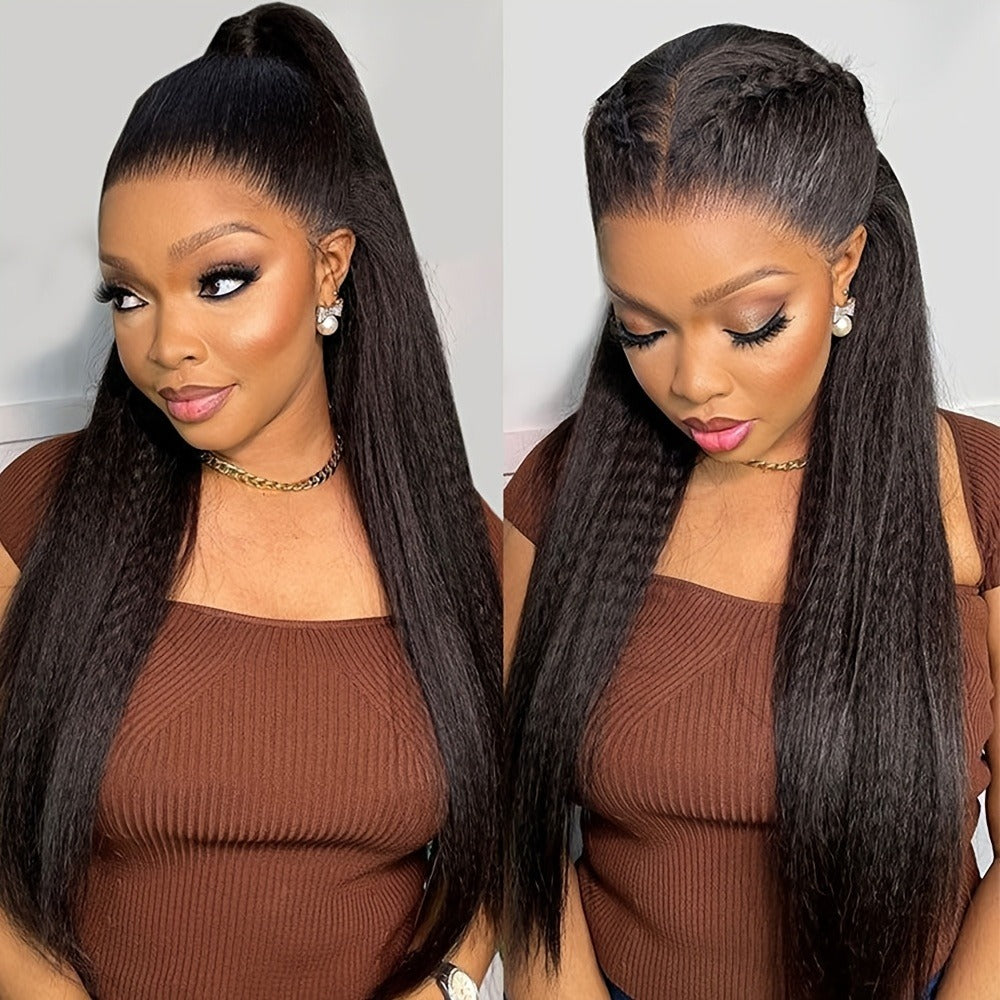 Synthetic Wig 26-Inch Black Kinky-Straight Yaki with HD Lace Front, Glueless Cap and with Item-Specific Color, Length, Textur