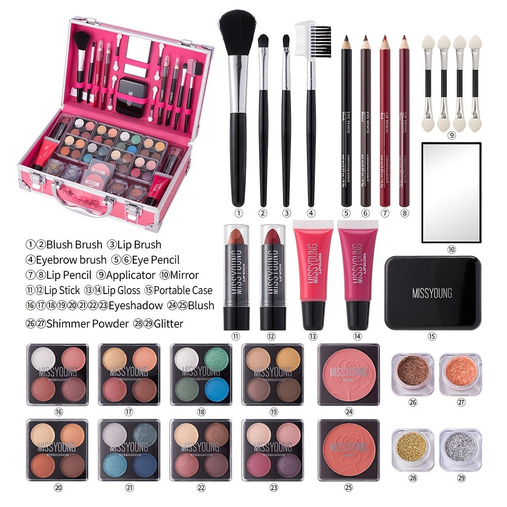 Makeup Kit 56-Piece Handled Mirror Case with Mixed Face, Eye and Lip Cosmetics in Silvery or Rose Color — image 17