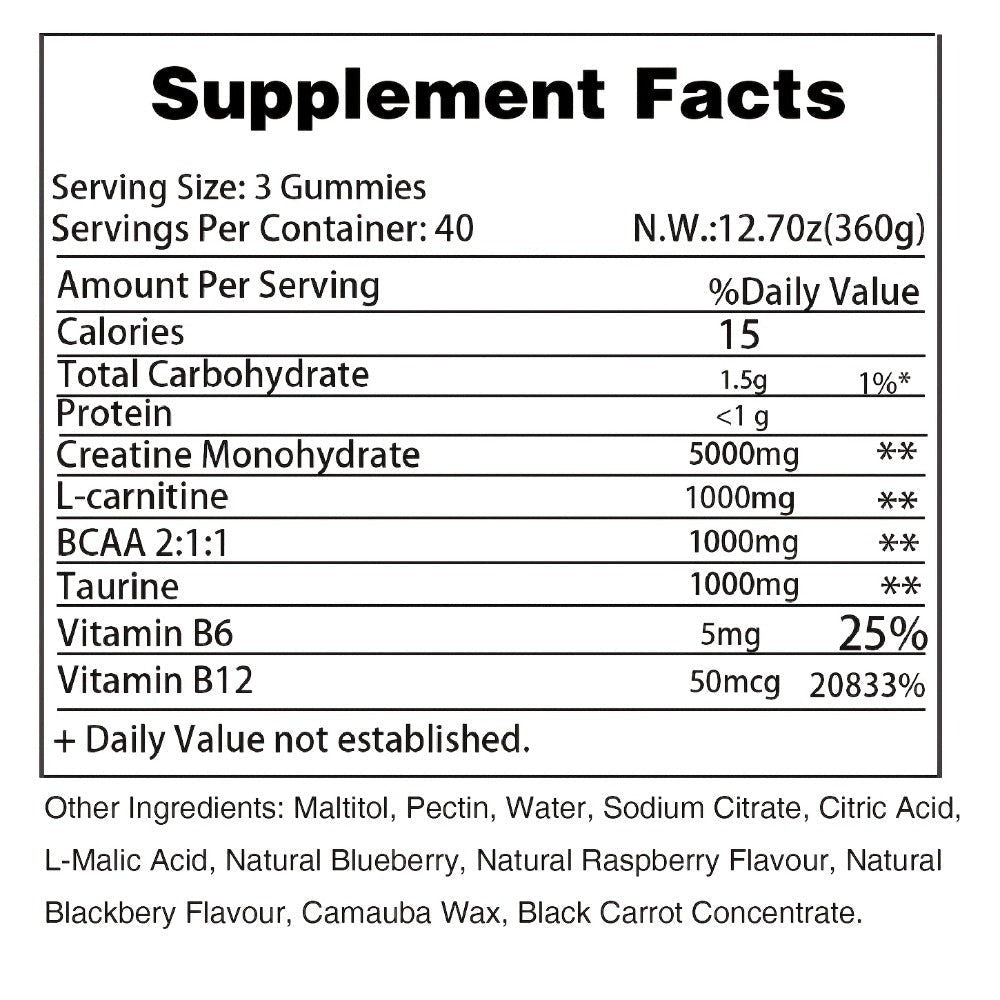 Creatine Monohydrate Gummies 8000mg Blueberry Flavor, with L-Taurine, BCAA, Vitamin B6 & B12 — image 9